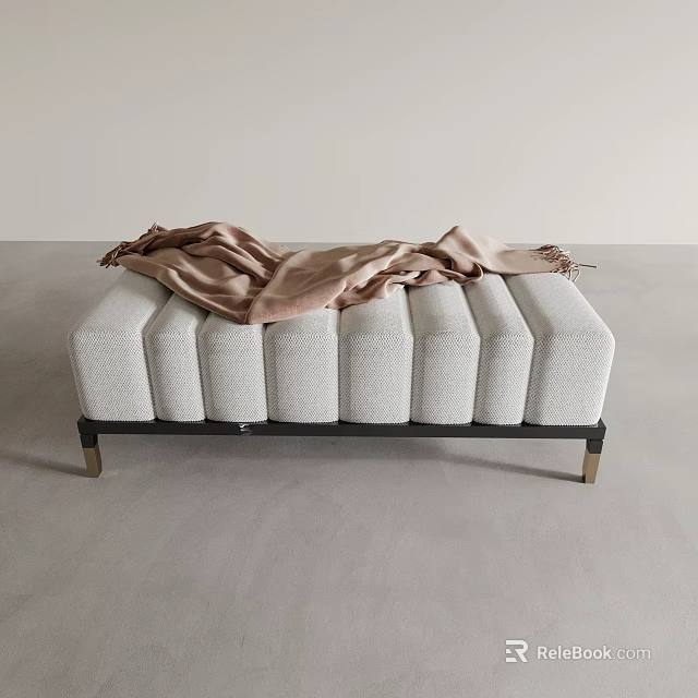 Soft Upholstered Ottoman with Light Gray Tufted Surface and Metallic Legs with Draped Scarf 3d model 