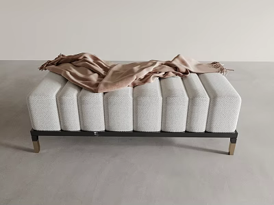 Soft Upholstered Ottoman with Light Gray Tufted Surface and Metallic Legs with Draped Scarf 3d model
