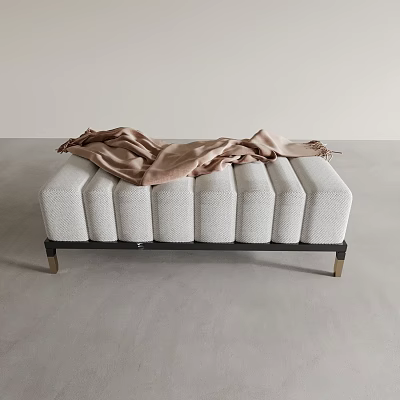 Soft Upholstered Ottoman with Light Gray Tufted Surface and Metallic Legs with Draped Scarf 3d model