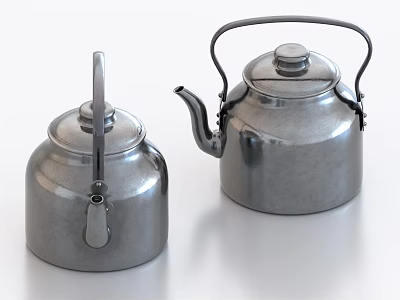 Two Stylish Silver Tea Kettles With Simple Design On White Background 3d model