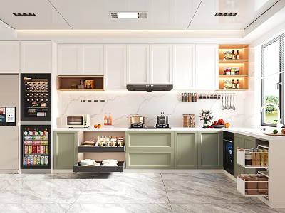 Modern Bright Kitchen Interior Design With White Cabinets Stone Countertop And Appliances 3d model