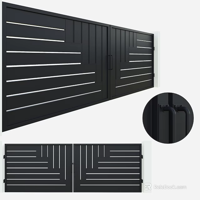 Modern Black Metal Gate With Linear Details And Handle Design 3d model 
