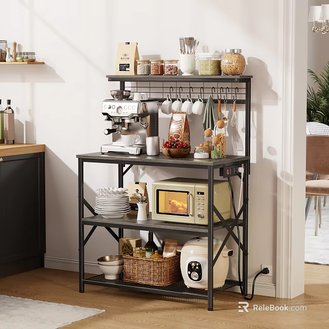 Multi Tier Kitchen Shelf With Coffee Maker Microwave Jars Dishes And Storage Basket 3d model 