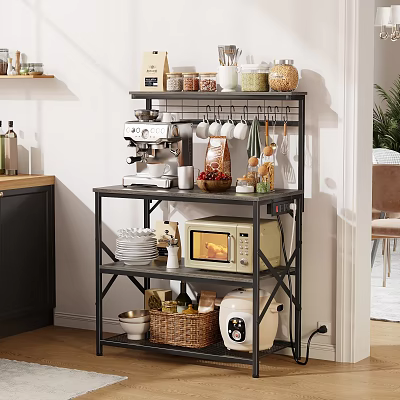 Multi Tier Kitchen Shelf With Coffee Maker Microwave Jars Dishes And Storage Basket 3d model