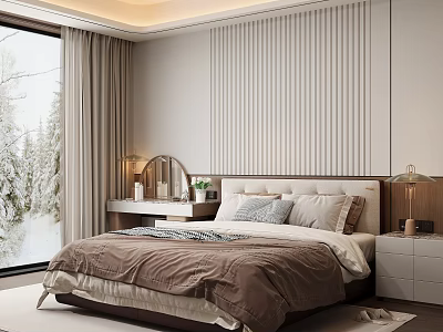 Modern Bedroom Interior Design With Large Window Curtains Headboard And Snowy Landscape View 3d model