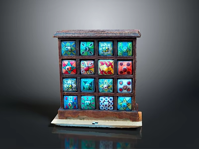 Artistic Wooden Chest of Drawers with Multiple Colorful Decorative Panels and Unique Designs 3d model