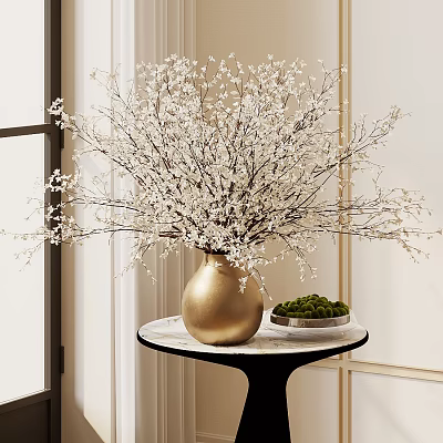 Golden Vase With White Flowering Branches On Black Marble Top Table With Green Plants 3d model