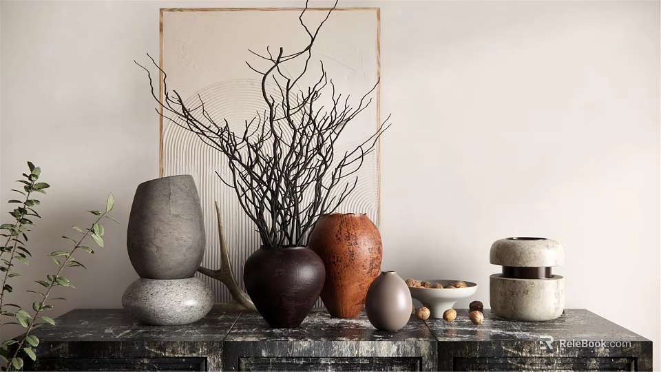 Decorative Ceramic Ornament Set With Vases Twigs And Tabletop Nut Decor 3d model