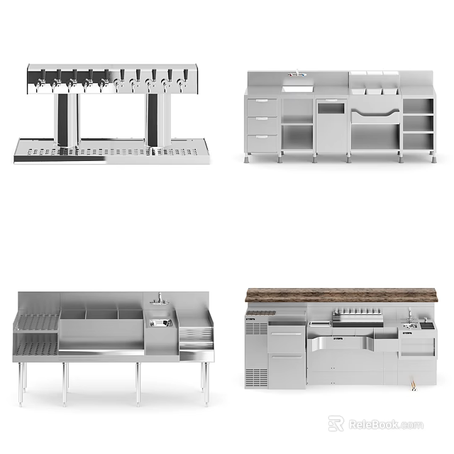 Modern Stainless Steel Kitchen Cabinets With Various Storage Designs And Countertops 3d model 