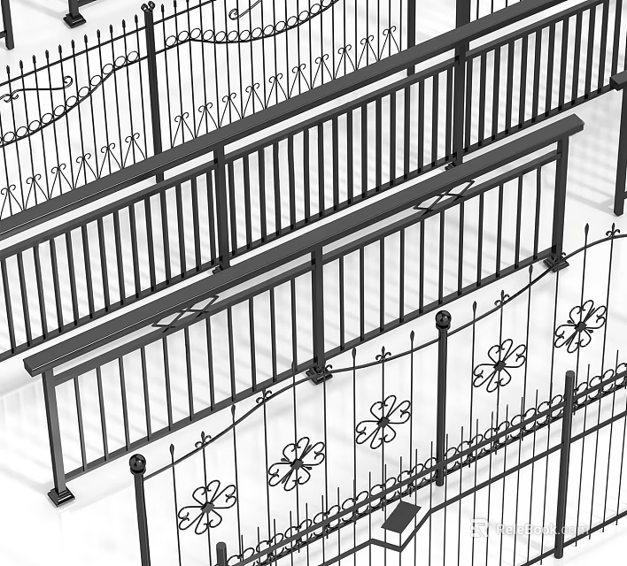 Wrought Iron Fence With Decorative Floral Patterns And Railings For Outdoor Garden 3d model 