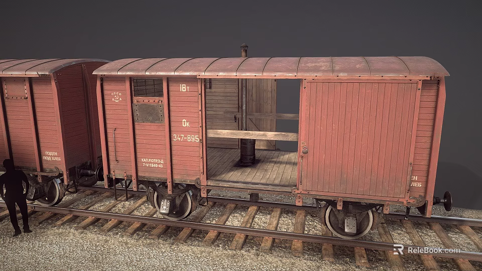 Vintage Red Train Carriage With Open Door And Wooden Interior On Railway Tracks 3d model 