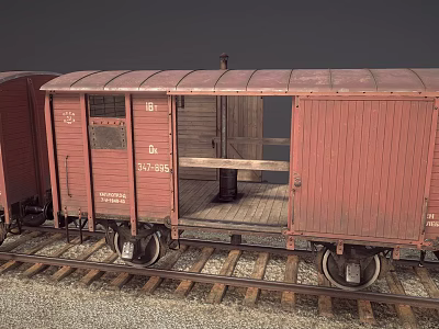 Vintage Red Train Carriage With Open Door And Wooden Interior On Railway Tracks 3d model
