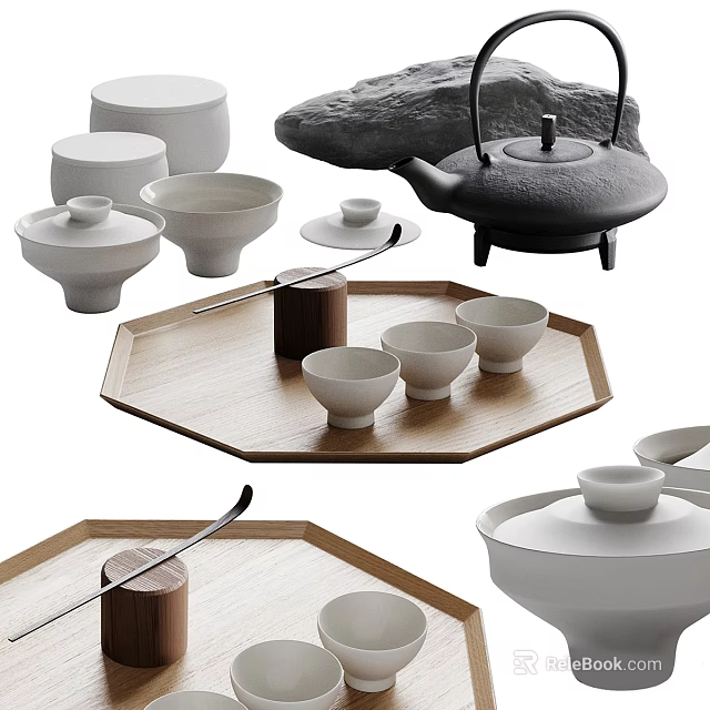 Elegant Minimalist Modern Tea Set With Ceramic Teapot Wooden Octagonal Tray Teacups Bowls And Spoon 3d model 