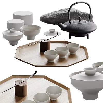Elegant Minimalist Modern Tea Set With Ceramic Teapot Wooden Octagonal Tray Teacups Bowls And Spoon 3d model