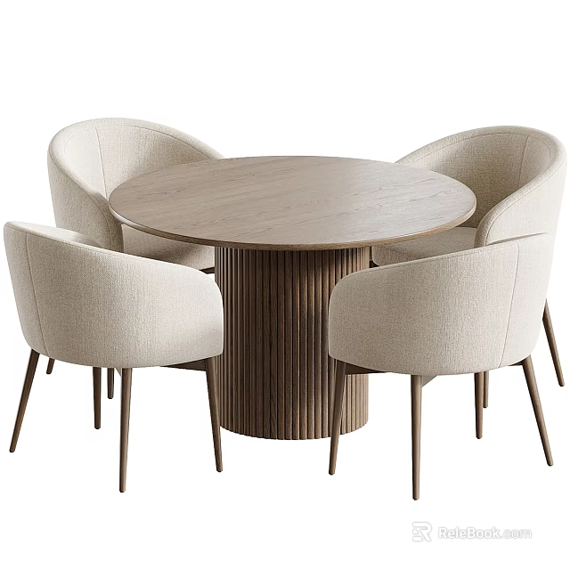 Modern Minimalist Round Dining Table With Four Soft Beige Fabric Upholstered Chairs For Cozy Dining Room 3d model 