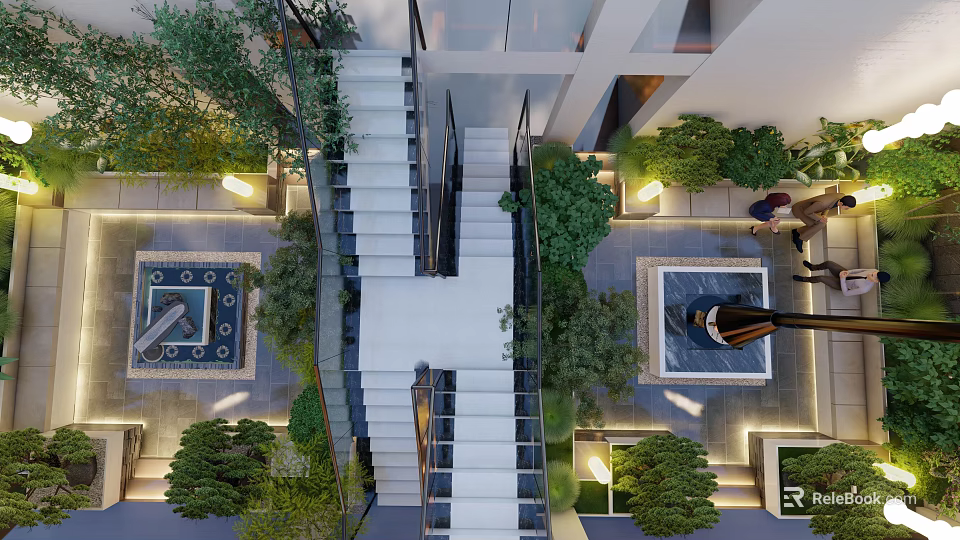Elegant Garden Landscape Design With Staircase Greenery Water Features And Lighting 3d model 