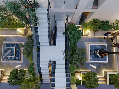 Elegant Garden Landscape Design With Staircase Greenery Water Features And Lighting 3d model