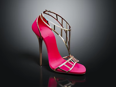 Pink Open Toe High Heel Sandals with Golden Metal Straps and Stiletto Heel Design 3d model