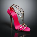 Pink Open Toe High Heel Sandals with Golden Metal Straps and Stiletto Heel Design