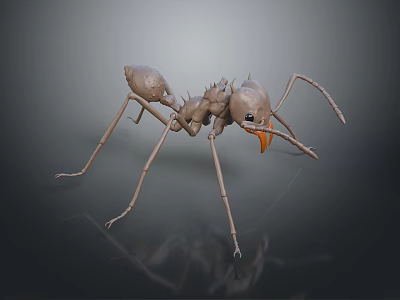 Brown 3D Rendered Ant With Large Mandibles Long Antennae Slender Legs Dark Background And Reflection 3d model
