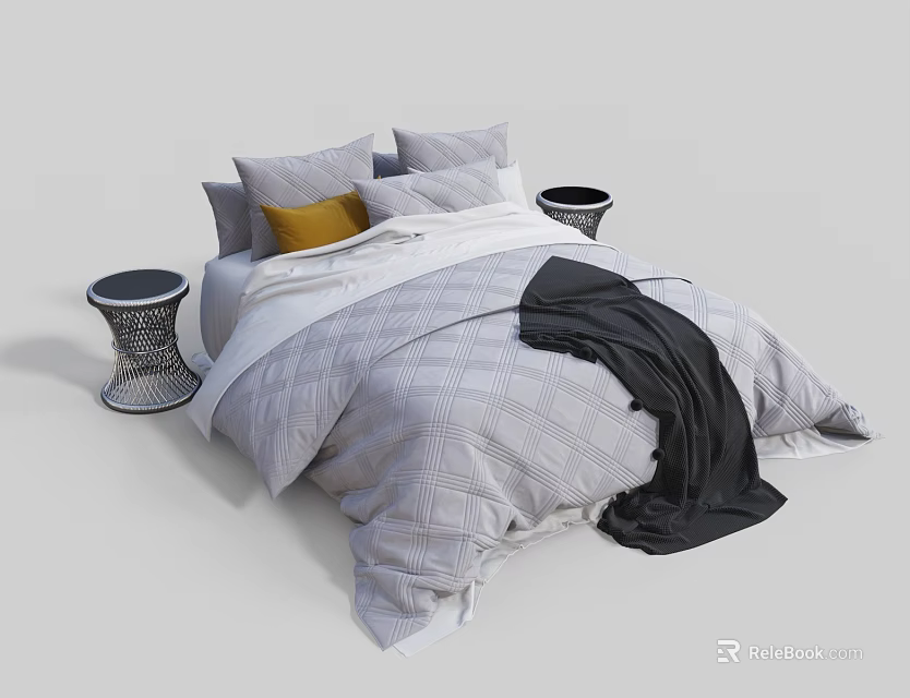 Modern Double Bed With Gray Plaid Quilt Yellow Accent Pillow Black Blanket And Bedside Tables 3d model 