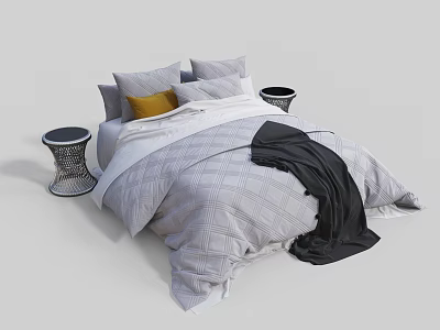 Modern Double Bed With Gray Plaid Quilt Yellow Accent Pillow Black Blanket And Bedside Tables 3d model