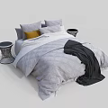 Modern Double Bed With Gray Plaid Quilt Yellow Accent Pillow Black Blanket And Bedside Tables