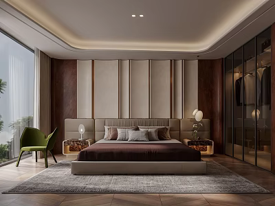 Modern Bedroom Interior With Large Upholstered Bed Green Accent Chair Nightstands And Patterned Carpet 3d model
