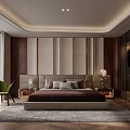 Modern Bedroom Interior With Large Upholstered Bed Green Accent Chair Nightstands And Patterned Carpet