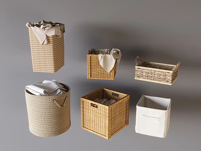 Various Wicker Storage Baskets in Natural and White for Home Organization 3d model