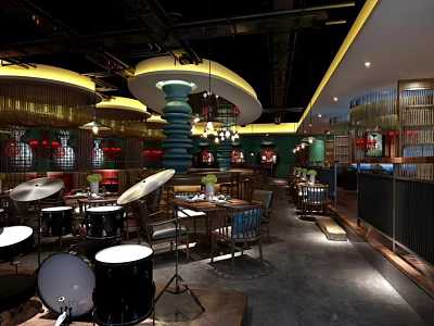 Modern Restaurant Interior With Drum Shaped Seats Chandeliers And Open Layout 3d model