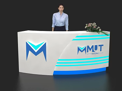Modern White And Blue Reception Desk With MMUT Logo And Flower Arrangement 3d model