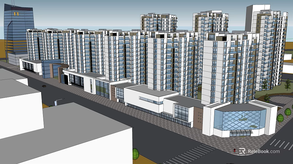Modern High Rise Residential Complex With Commercial Buildings And Urban Street View 3d model 