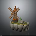 Detailed Wooden Windmill Model On Rock Base With Small Trees And Grass