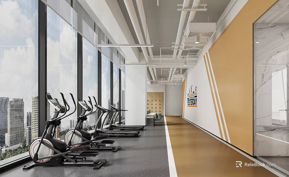 Modern Fitness Gym Interior With Spacious Layout Large Windows And Elliptical Machines 3d model 