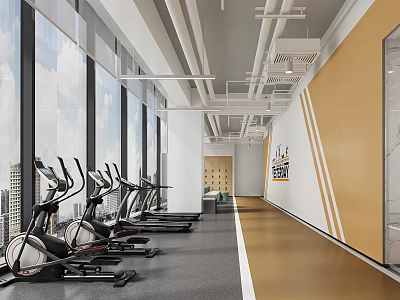 Modern Fitness Gym Interior With Spacious Layout Large Windows And Elliptical Machines 3d model