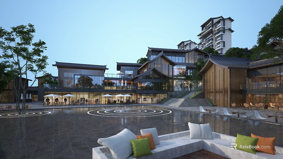 Modern Commercial Street With Contemporary Architecture Outdoor Plazas And Green Landscaping 3d model 