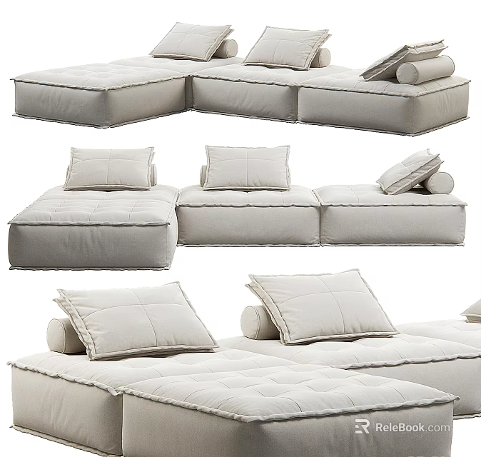 Light Colored Modular Sectional Sofa Featuring Multiple Soft Pillows And Comfortable Cushions 3d model