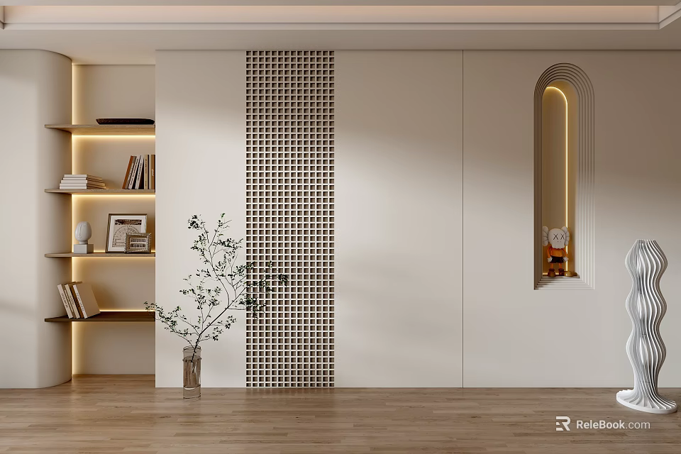 Sleek Living Room Background Wall With Grid Niche Shelves And Plant 3d model 