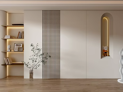 Sleek Living Room Background Wall With Grid Niche Shelves And Plant 3d model