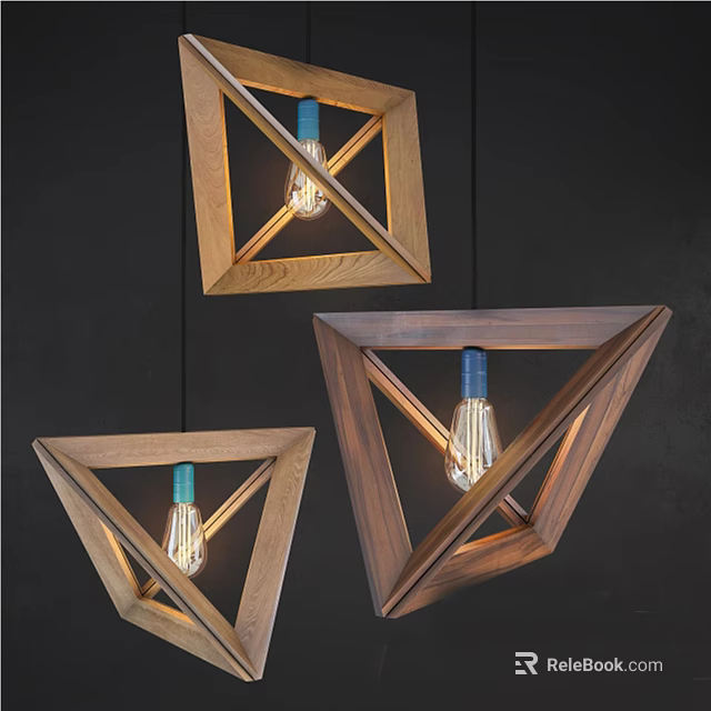 Wooden Geometric Pendant Lights With Square Triangle Frames And Exposed Bulbs 3d model