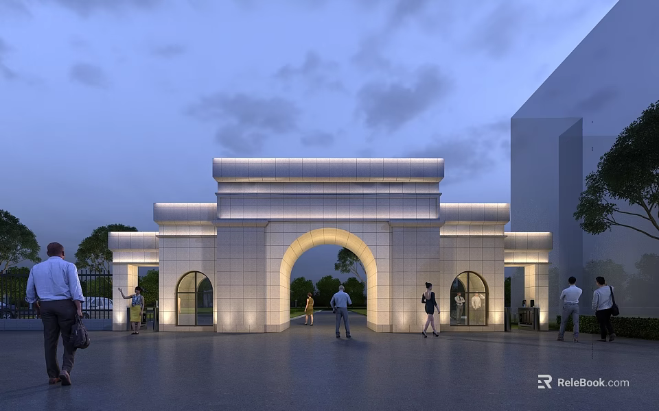 Modern Stone Entrance Gate Featuring Arched Design With Evening Lighting And People Walking 3d model 