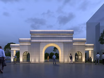 Modern Stone Entrance Gate Featuring Arched Design With Evening Lighting And People Walking 3d model