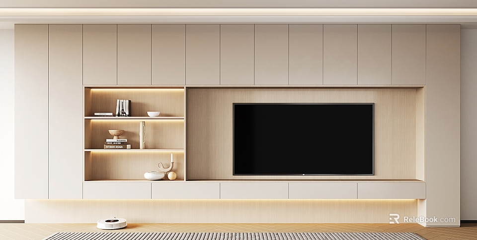 Modern TV Console Interior Design With LED Strip Lights And Open Shelves 3d model 