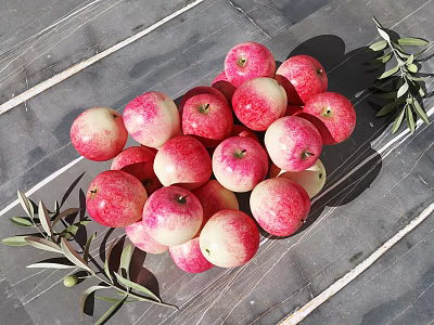 Fresh Red And White Apples Heap On Wooden Surface With Green Leaves 3d model