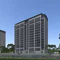 Modern High Rise Residential Building With Green Trees Lawn And Blue Sky White Clouds