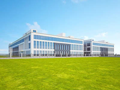 Modern Industrial Factory Complex With Glass Windows White Exterior And Green Lawn Area 3d model