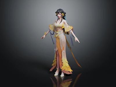 Traditional Female Character In Orange Yellow Leaf Skirt With Ribbons And Butterfly 3d model