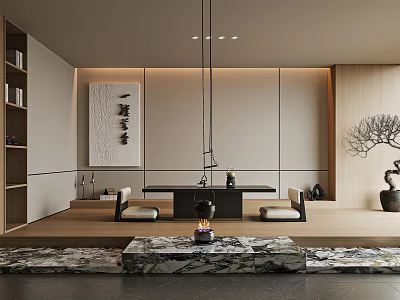 Modern Zen Tea Room Interior With Wooden Furniture Stone Table And Calligraphy Art 3d model
