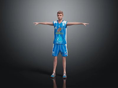 A Man Standing With Arms Outstretched In Blue Basketball Jersey Number 15 On Dark Background 3d model